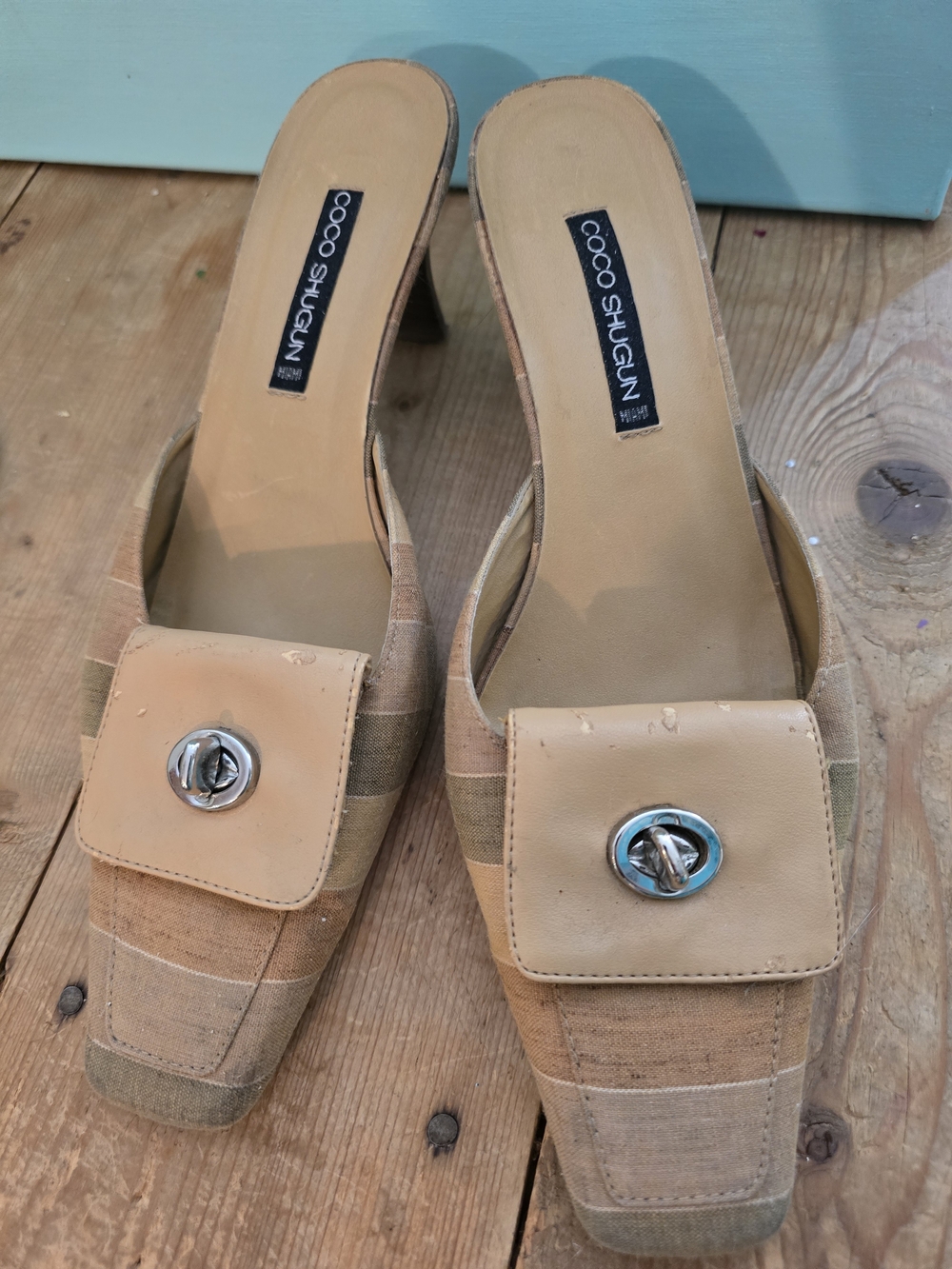 Beige Slide Mules with Turnlock Detail